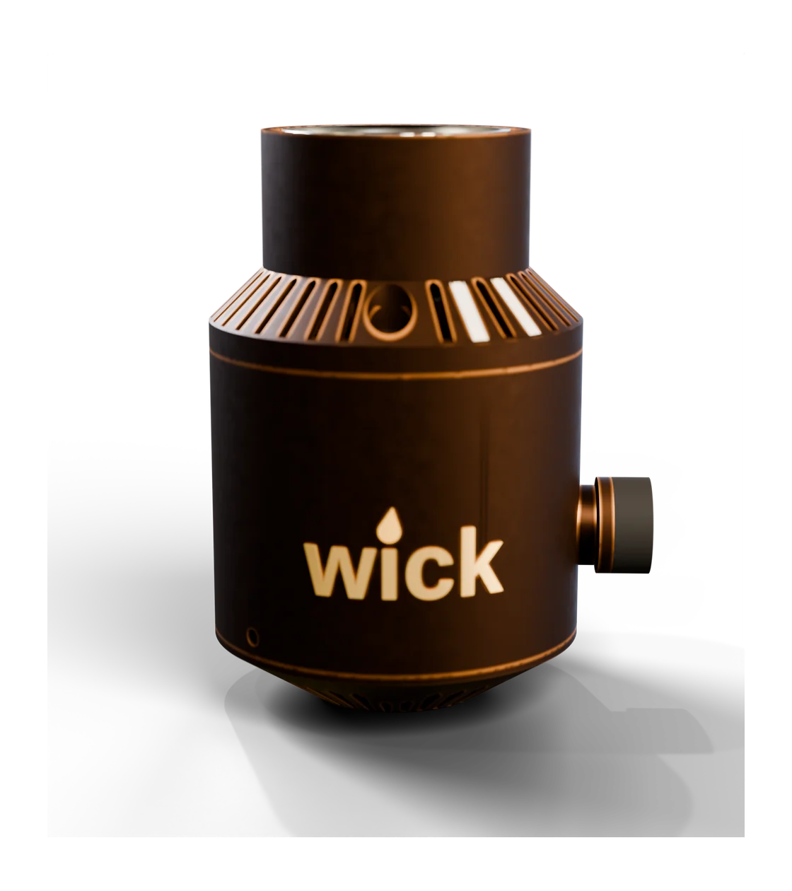 wick in oil-rubbed Bronze, cone shape, with a gold wordmark and a turned bronze knob