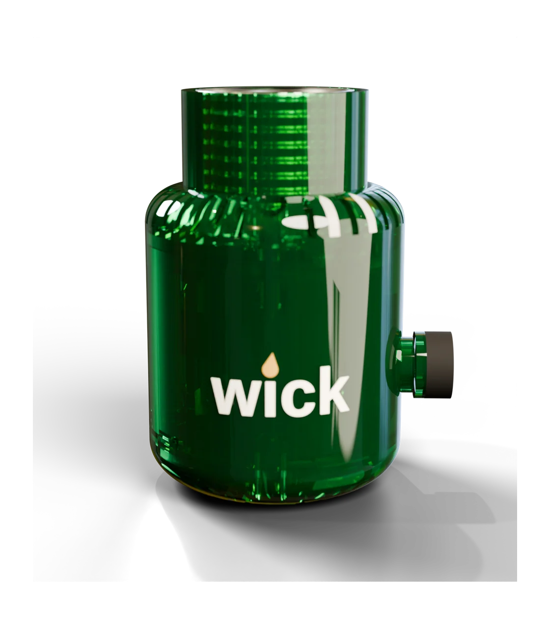 wick in Helenite, bell shape: a clear emerald green shell over black circuit boards, with a white wordmark