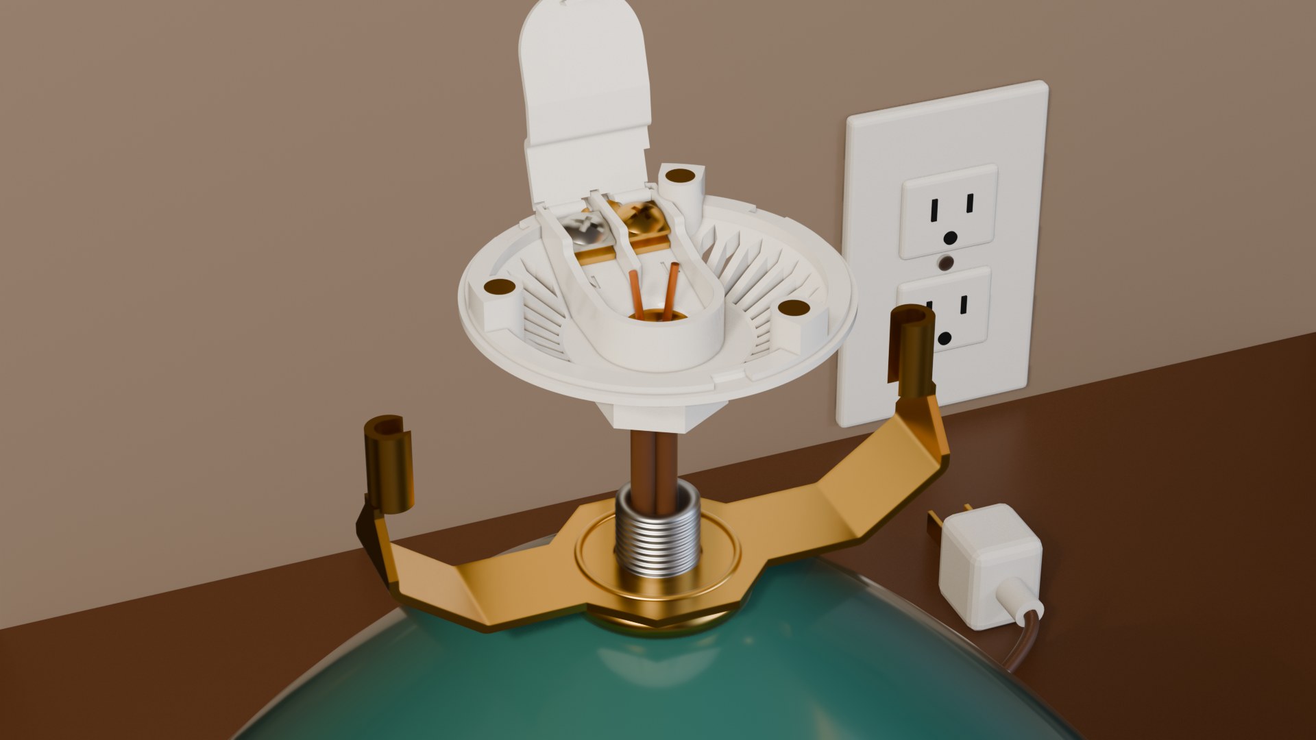 wick's base, its mains cover flipped open, going down over the cord onto the lamp pipe