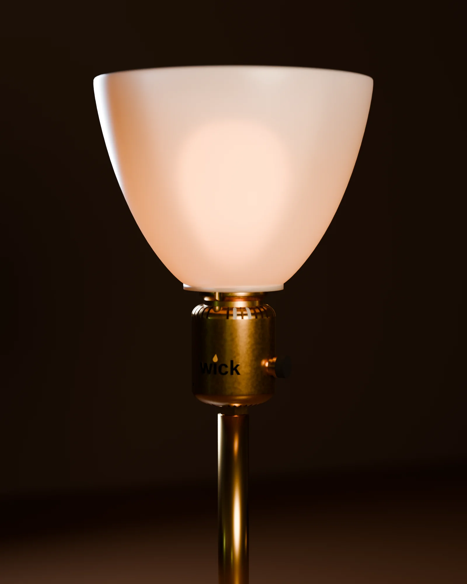 A Brass wick in the bell shape with an Uno thread holding an opal glass shade on a floor lamp's brass stem